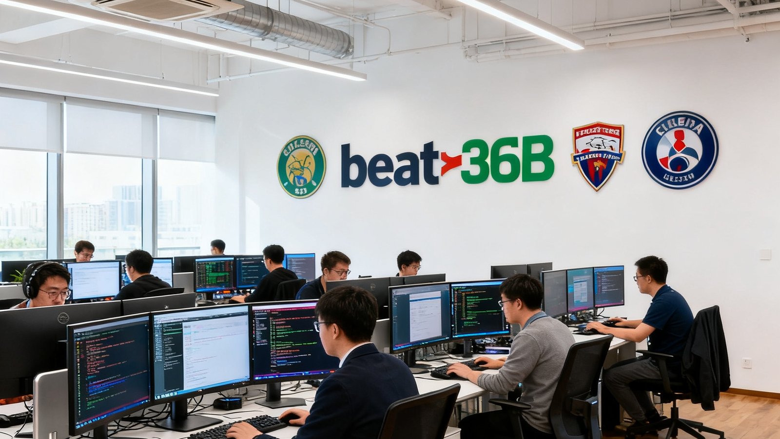 beat·365北京总部开放式办公区实景，宽敞明亮的空间内数十名工程师在多屏工作站前专注工作，墙上悬挂着各大联赛的标志