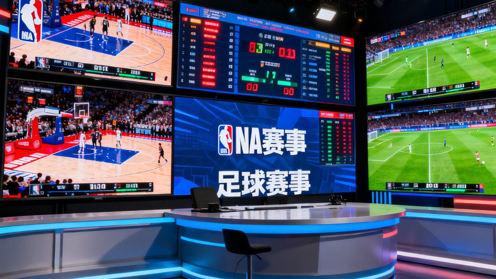 现代体育直播间内景，多块高清屏幕实时播放NBA和足球赛事，数据面板闪烁，氛围专业而充满激情