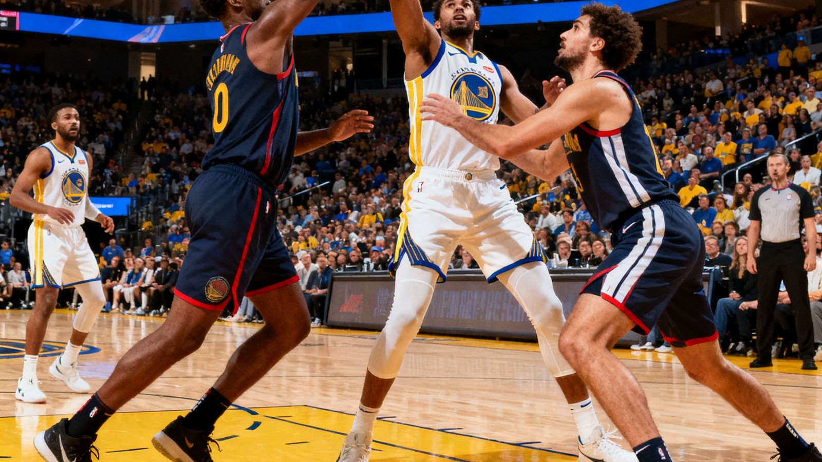 NBA赛事高清直播画面，球员在球场上激烈对抗，画面清晰色彩饱满，底部显示实时比分和数据统计条